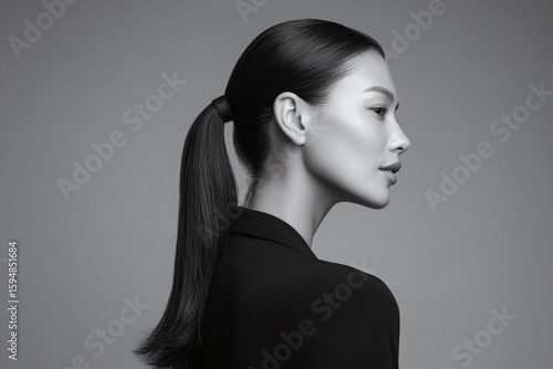 Elegant profile of a woman in black and white, showcasing sleek hair and refined features. Ideal for beauty, fashion, or conceptual projects highlighting grace and sophistication.