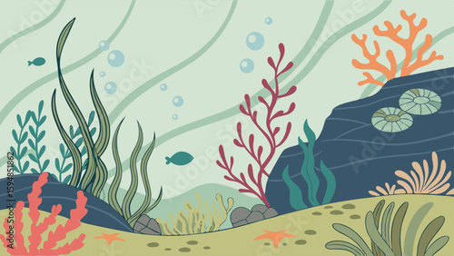 Detailed flat illustration of a serene underwater ocean scene featuring various green and red seaweed, vibrant coral, small fish, and bubbles on a sandy seabed.