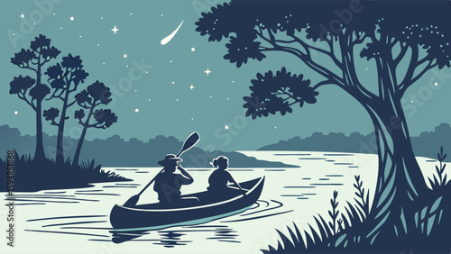 Peaceful night canoeing adventure under a starry sky with a shooting star. Minimalist blue illustration of two people paddling on a tranquil river, an idyllic outdoor nature landscape.