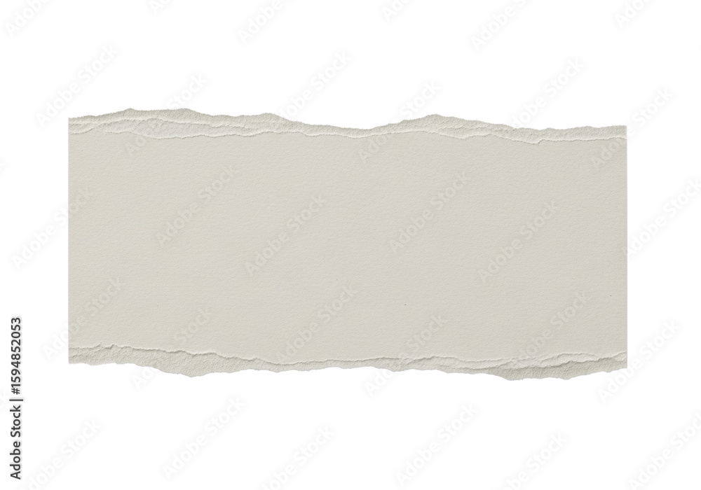 Obraz premium A blank, horizontally oriented light beige paper with rough, frayed torn edges and fibrous texture, casting a soft shadow on a plain white background from a top-down view. Concept of natural