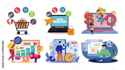 Cartoon illustrations showcase diverse digital marketing strategies including SEO, ads, and social media optimization on a transparent background.