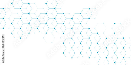 Science network pattern blue Hexagonal abstract background. Big Data Visualization structure elements . Health care and science medical pattern innovation. Template design with concept Dots and lines.