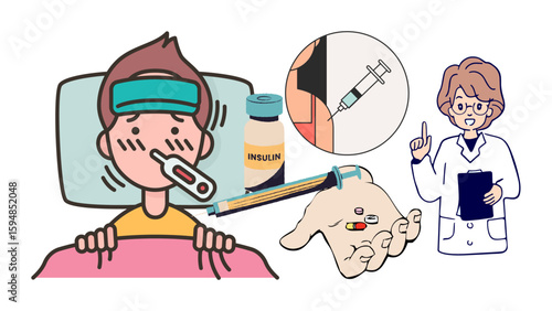 Cartoon depiction showcases a boy suffering from illness with a doctor and medical treatments, representing healthcare and potential pharmaceutical interventions like insulin and vaccines.