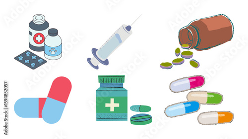 Various medications and health aids display in an assortment of medicine bottles, tablets, pills, capsules, and a syringe against a black background, illustrating healthcare.