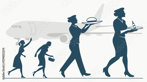 Blue silhouette illustration showing the professional evolution and career journey of a female flight attendant or cabin crew member providing airline service on an airplane.