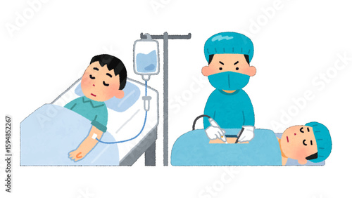 An illustration depicts a patient receiving intravenous therapy and a surgeon performing an operation in a medical setting, against a transparent backdrop.
