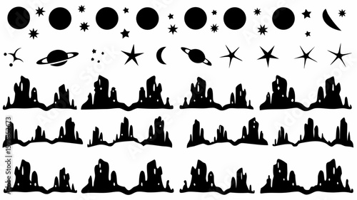 Silhouette of celestial bodies including stars planets moons and abstract land formations in black and white