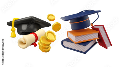 Celebratory graduation scene featuring mortarboards, a diploma, and gold coins symbolizing academic achievement and the financial rewards of higher education.