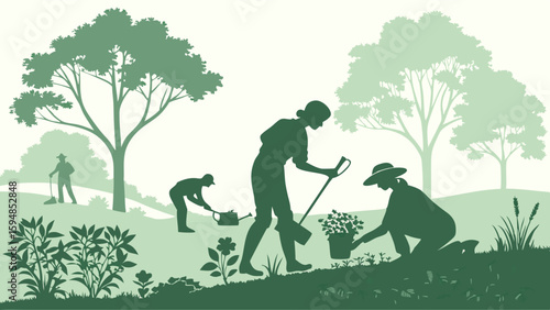 Green silhouette illustration of people actively gardening, planting flowers, watering plants, and tending to trees in a beautiful outdoor community park setting.