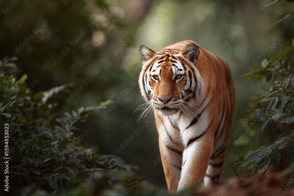 Obraz premium Majestic tiger prowls through lush foliage, strength focus conveyed by intense gaze. Conservation, wildlife, power, mystery, nature themes. Editorial use.