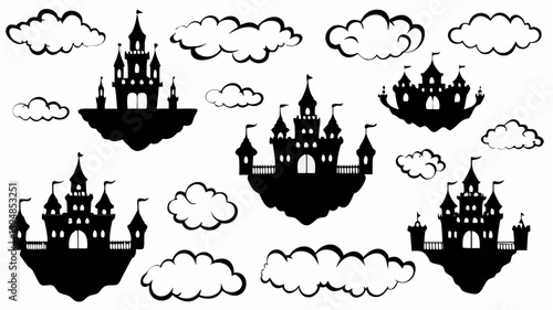 Silhouette illustration of floating castles surrounded by fluffy clouds in a whimsical fairytale design
