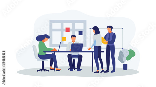 Group of coworkers collaborating on projects in a modern office with laptops and a whiteboard present