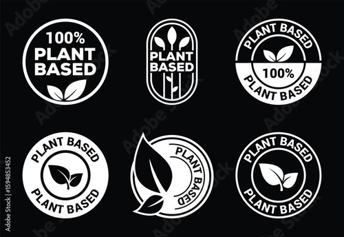 Collection of Six Plant Based Badges and Logos for Promoting Vegan Products