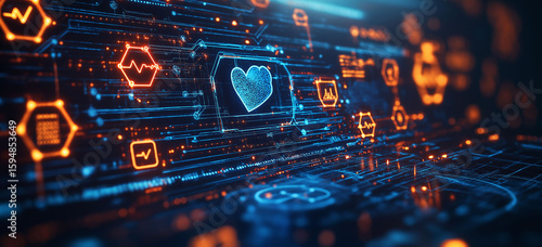 Digital Heartbeat: Futuristic Medical Technology Interface, Abstract Blue and Orange Hues, Sci-Fi Style