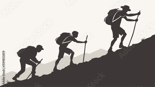 Dynamic silhouette of three hikers with backpacks and trekking poles ascending a challenging uphill path, illustrating progress and outdoor adventure.
