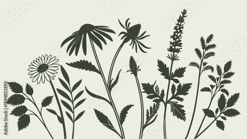 Minimalist black and white botanical silhouette collection of diverse medicinal herbs and wildflowers. Vector illustration for natural health and wellness.