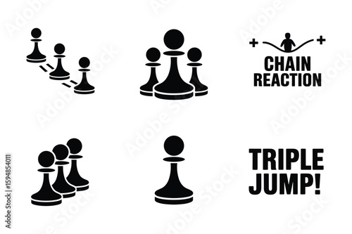 Black chess pawns and text graphics white background graphic design