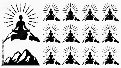 Silhouette of a meditating figure on mountains with radiating lines repeated multiple times in black
