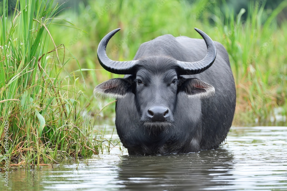 Naklejka premium Large water buffalo cooling in river on sunny day