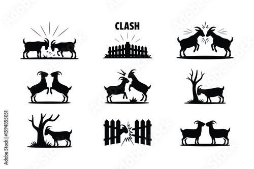 Goats clashing near fences and trees fighting animals