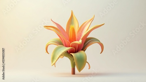 Stylized Flower with Orange Pink and Green Petals on Light Background