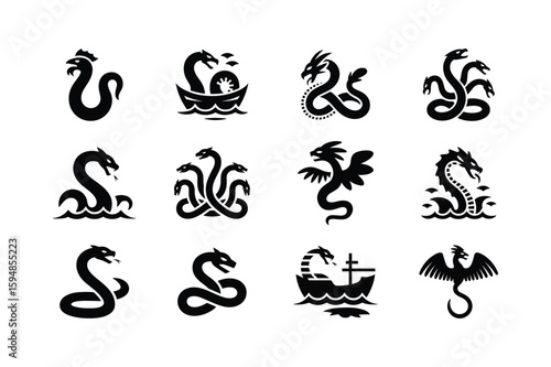 Serpent dragon hydra winged creature boat symbols vector
