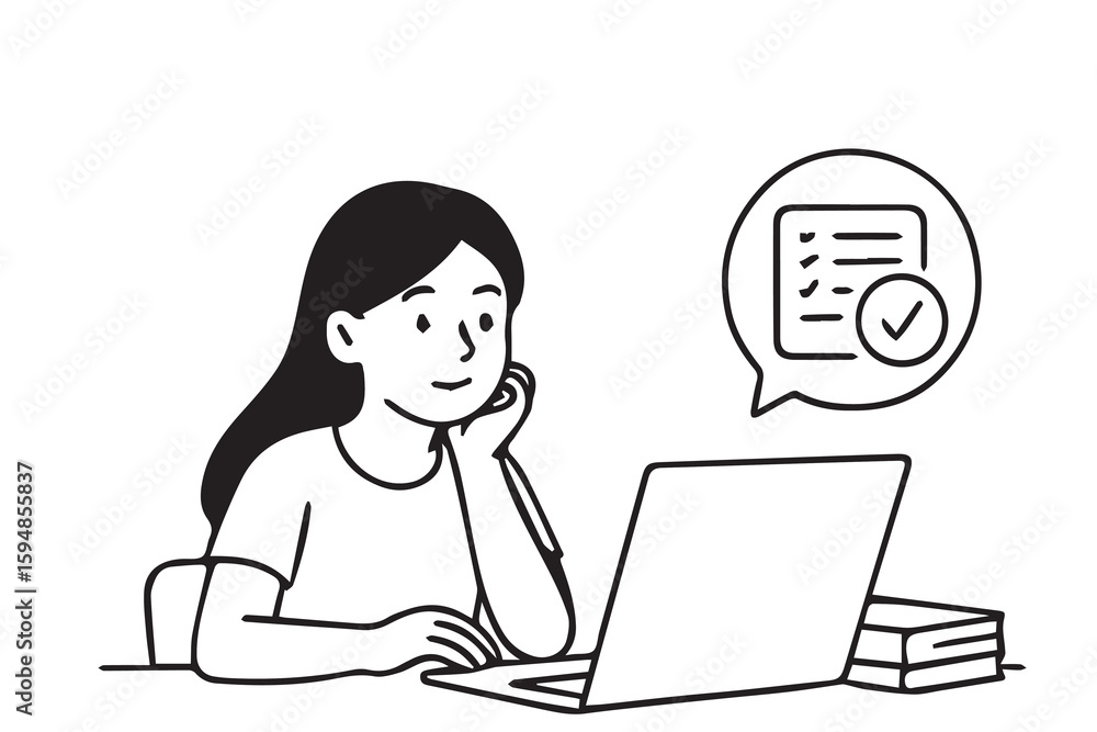 A black and white vector of a woman studying in front of a laptop, with bold black outlines creating a clean, focused design.
A black and white vector of a woman studying in front of a laptop, with bold black outlines creating a clean, focused design.