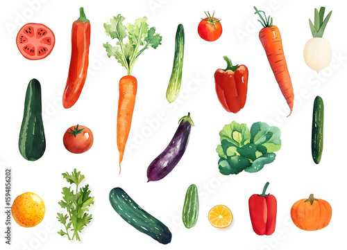 A set of watercolor organic vegetables, healthy eating illustrations, vegetarian recipes, watercolors of cucumbers, tomatoes, eggplant, peppers, and fenugreek bulbs