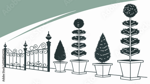 Elegant black and white illustration of a formal garden with an ornate wrought iron fence and four classic potted topiary plants for sophisticated landscape design ideas.