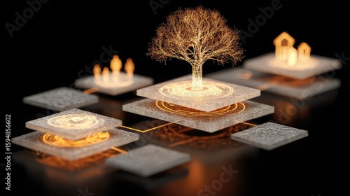 Legacy planning icon shows layered documents, family tree symbols, and coins in glowing schematic to signify generational wealth.