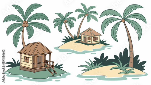 Vector illustration of charming tropical island huts with palm trees and sandy beaches. Perfect for summer vacation, travel, and exotic resort designs.