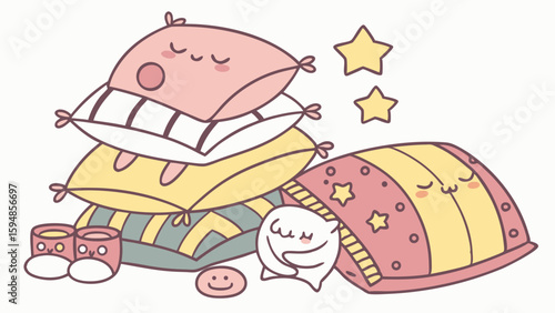 Adorable cartoon pastel sleepy pillows stacked with sleeping faces, cozy slippers, and stars, a whimsical vector illustration for sweet dreams and comfort.