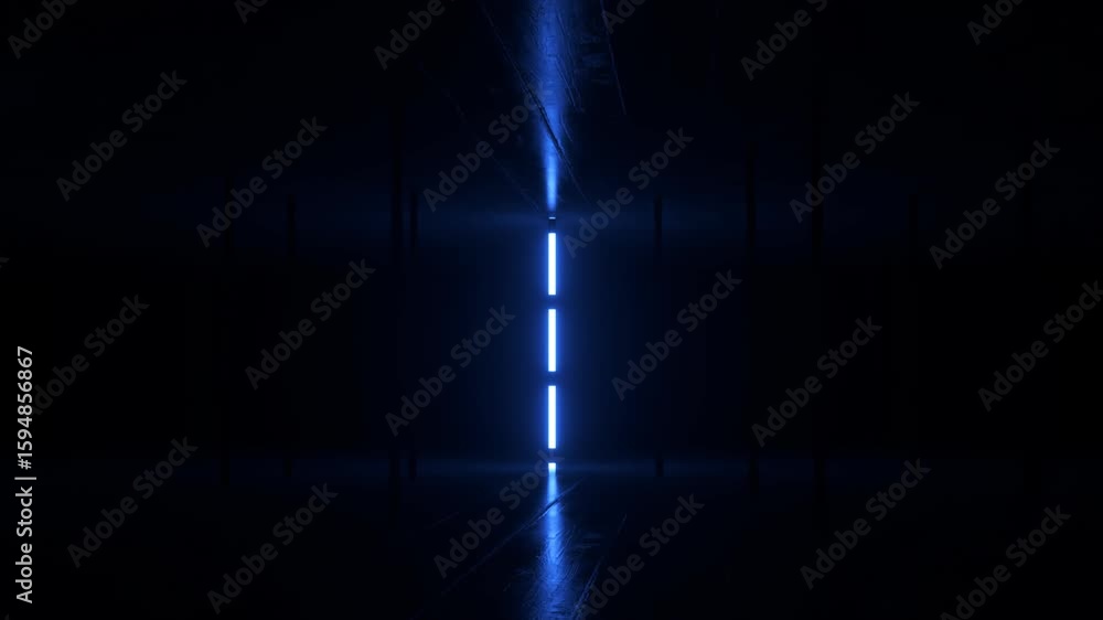Glowing blue neon lights pulsing in rhythmic sequence, creating mesmerizing visual pattern across dark, reflective floor of empty architectural space