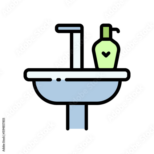 Sink and Hand Soap Color Icon. Home ceramic sink for toilet bathroom sign. Wash, Cleansing, Hygiene Concept. Isolated Flat Vector Illustration.