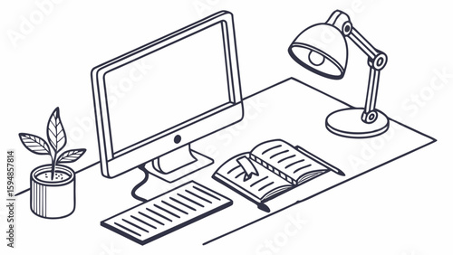 Isometric Black and White Line Art Illustration of a Clean Home Office Workspace with Computer, Keyboard, Desk Lamp, Open Book, and Potted Plant