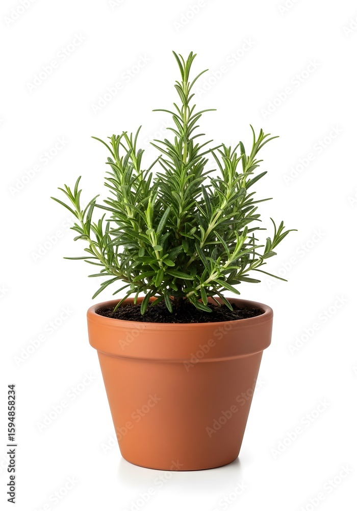 Obraz premium Fresh green rosemary plant in terracotta pot isolated on white background for cooking and gardening concept