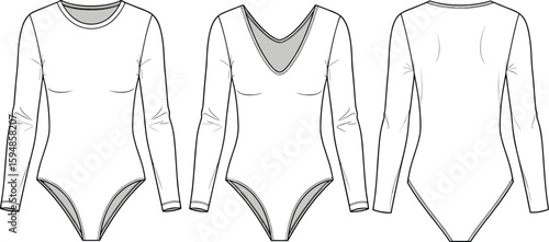 CAD drawing flat vector illustration of women's long sleeve bodysuit, front back deep neck design, fashion technical apparel template