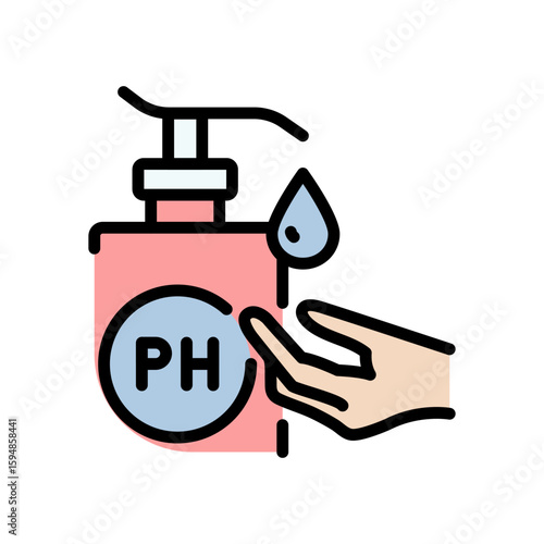 PH balanced packaging of cosmetics and hygienic product. Optimal level of acidity and alkalinity. Hygiene Skin, Wash, Cleansing Concept. Isolated Vector Color Icon.