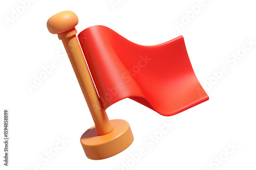 A stylized 3d rendering of a bright red flag waving on a wooden pole isolated on transparent background