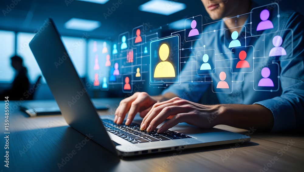 Fototapeta premium Niche marketing and personalization. Marketing segmentation strategy and analysis. Marketer using laptop computer to analyze target customer data.