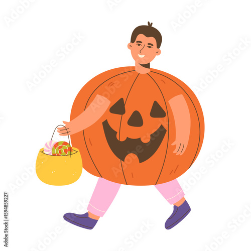 Flat vector illustration of a young man wearing a cute pumpkin costume holding a bucket full of Halloween sweets