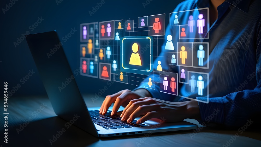 Fototapeta premium Niche marketing and personalization. Marketing segmentation strategy and analysis. Marketer using laptop computer to analyze target customer data.