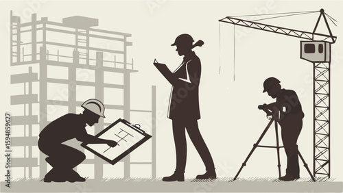 Monochrome silhouettes of engineers, surveyors, and architects collaborating on a building construction site with a crane and blueprints, depicting urban development.