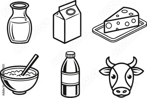 Dairy Product Icons Set – Milk, Cheese, Yogurt, Cream, Butter Vector