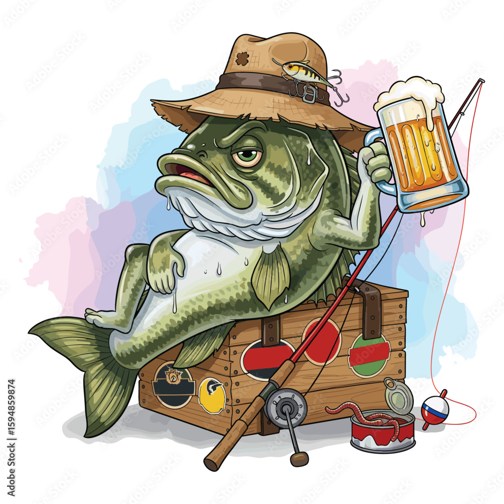 Naklejka premium Fisherman Bass Beer Watercolor Sublimation