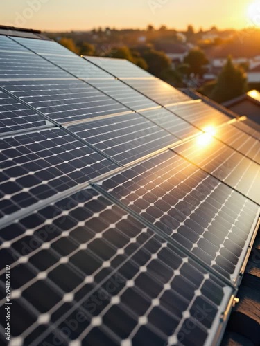 Solar Panels on Rooftop Absorbing Sunlight in Eco-Friendly Suburban Neighborhood