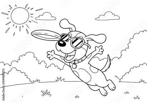 Whimsical canine cartoon enjoying summer fun, catching a frisbee while wearing sunglasses under the sun, making for joyful designs.