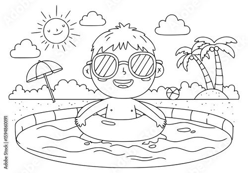 Delightful summertime graphic featuring a happy child enjoying a swim in a pool, complete with sun, clouds, and tropical palm trees.