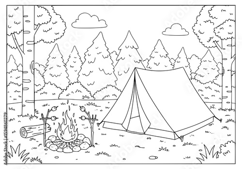 Enjoy a tranquil camping scene, featuring a tent, campfire, and trees, perfect for printable coloring pages and outdoor-themed designs.
