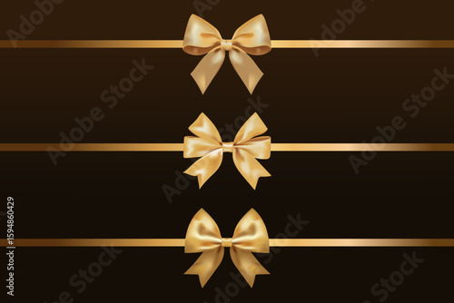set of realistic gold satin bows on a dark background. luxury decor of discount stores